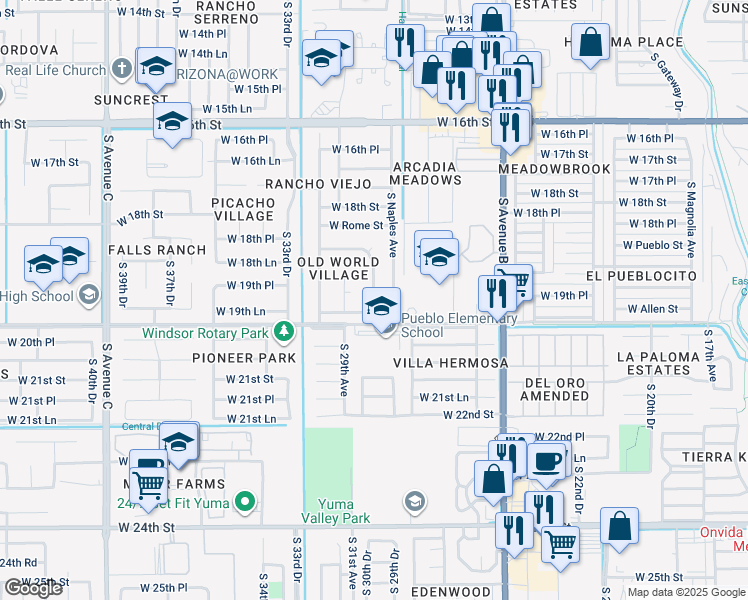 map of restaurants, bars, coffee shops, grocery stores, and more near 3169 South London Drive in Yuma