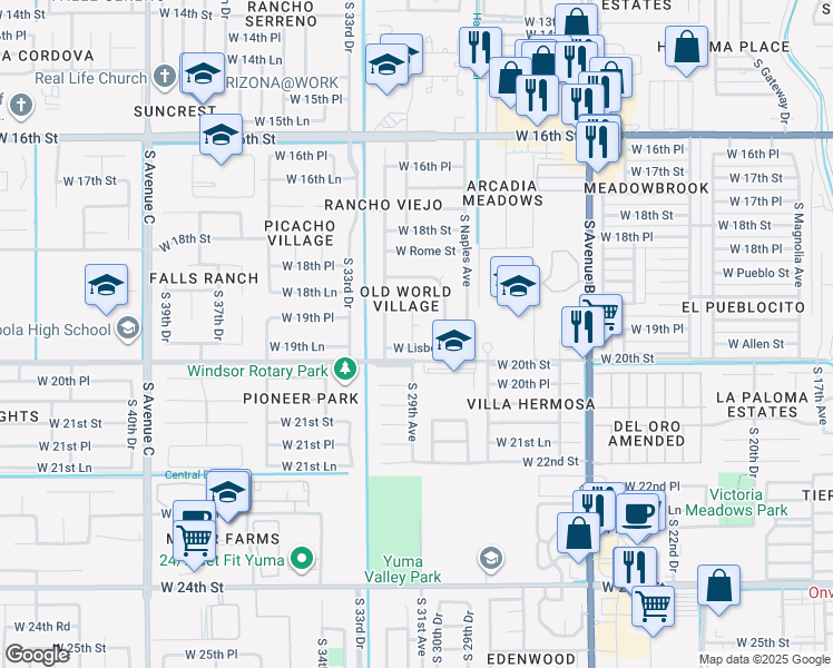 map of restaurants, bars, coffee shops, grocery stores, and more near 1931 Paris Court in Yuma