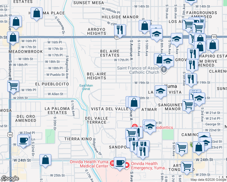 map of restaurants, bars, coffee shops, grocery stores, and more near 1310 West Ridgeview Drive in Yuma
