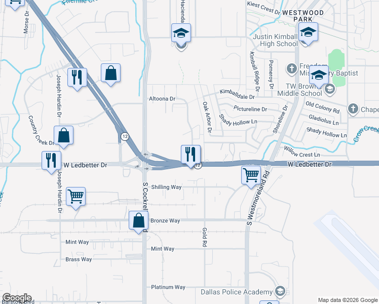 map of restaurants, bars, coffee shops, grocery stores, and more near 4271 Altoona Drive in Dallas