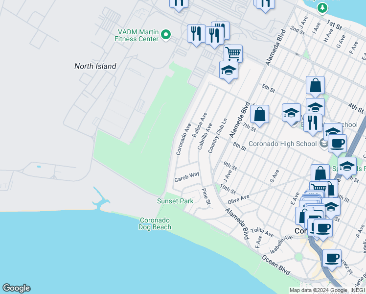 map of restaurants, bars, coffee shops, grocery stores, and more near 901 Coronado Avenue in Coronado