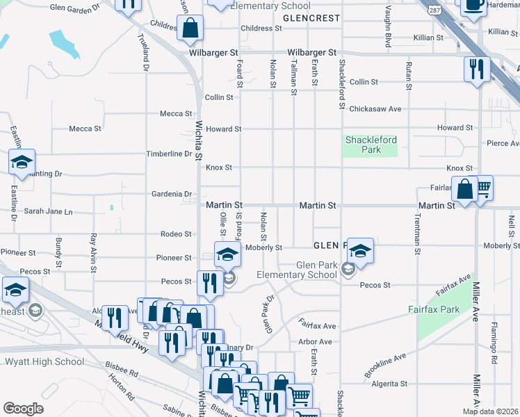 map of restaurants, bars, coffee shops, grocery stores, and more near 3321 Martin Street in Fort Worth