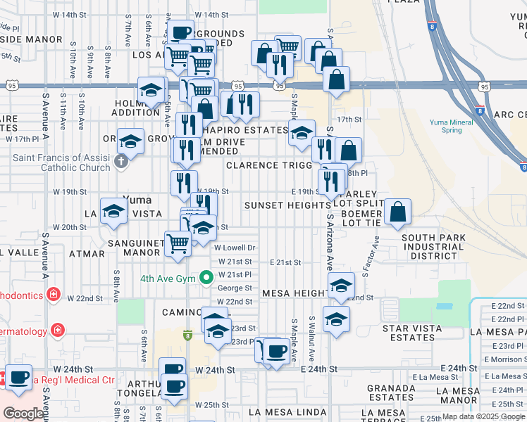 map of restaurants, bars, coffee shops, grocery stores, and more near 1965 South 1st Avenue in Yuma