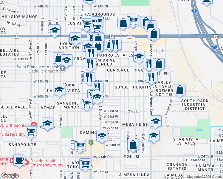 map of restaurants, bars, coffee shops, grocery stores, and more near 1907 South 2nd Avenue in Yuma