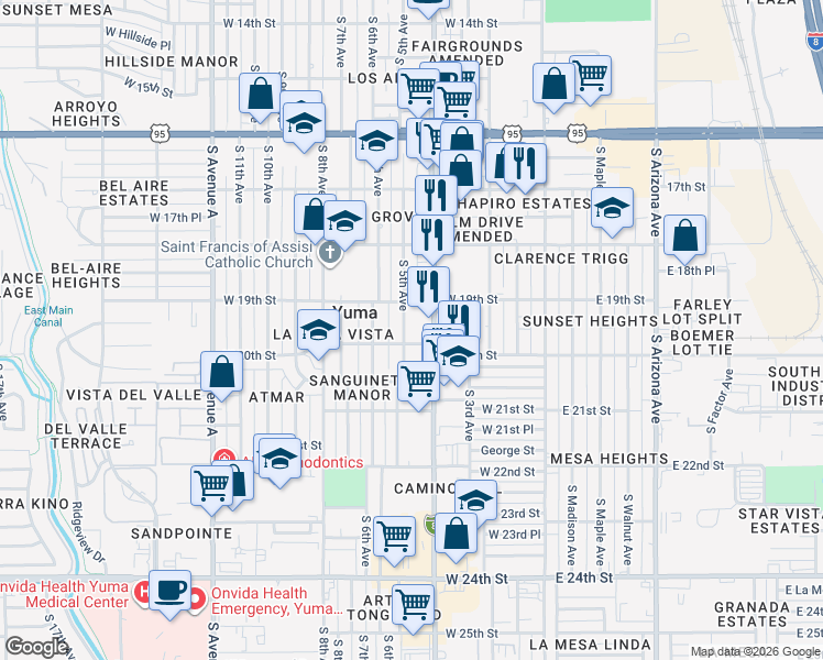 map of restaurants, bars, coffee shops, grocery stores, and more near 1907 South 5th Avenue in Yuma