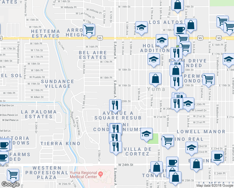 map of restaurants, bars, coffee shops, grocery stores, and more near 1923 South Avenue A in Yuma
