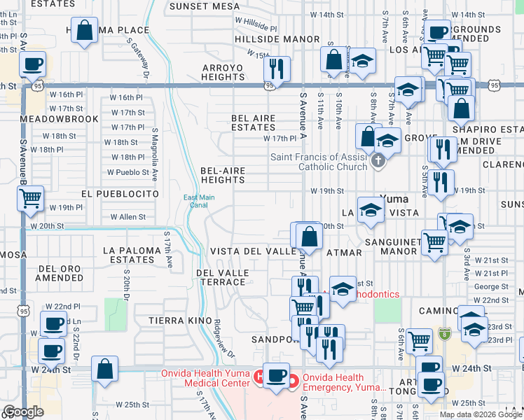 map of restaurants, bars, coffee shops, grocery stores, and more near 1310 West Ridgeview Drive in Yuma