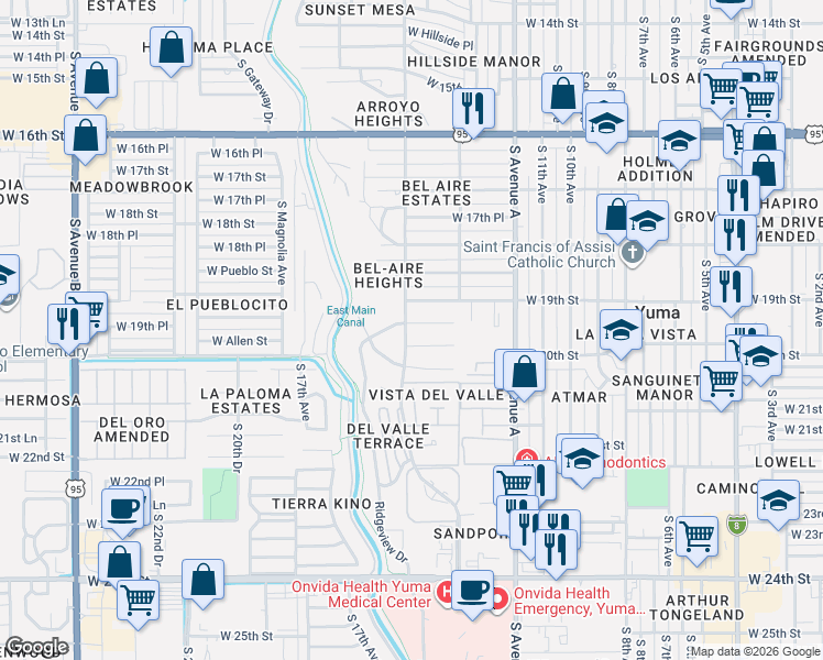 map of restaurants, bars, coffee shops, grocery stores, and more near 1330 West Ridgeview Drive in Yuma