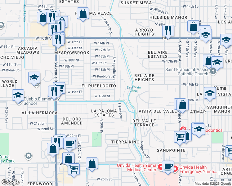map of restaurants, bars, coffee shops, grocery stores, and more near 1913 South Magnolia Avenue in Yuma