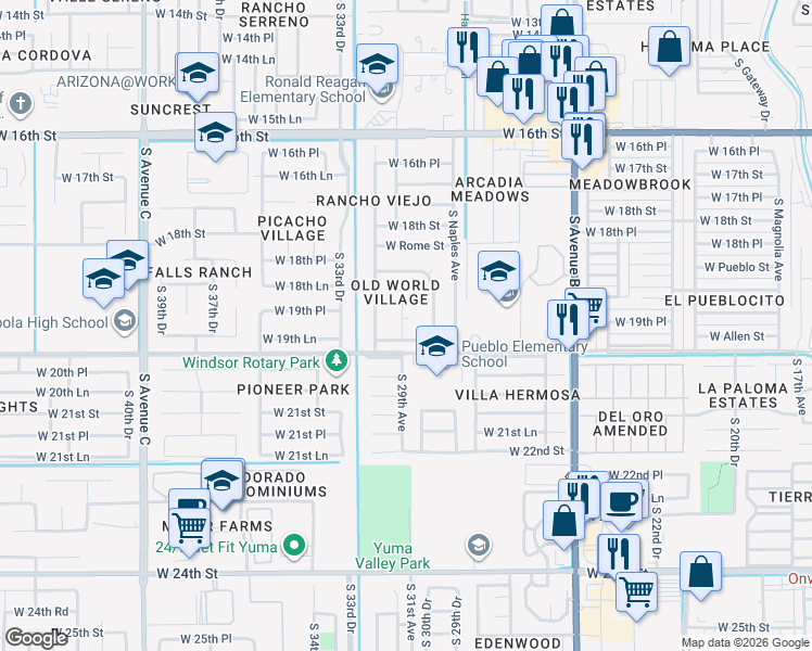 map of restaurants, bars, coffee shops, grocery stores, and more near 1925 Paris Court in Yuma
