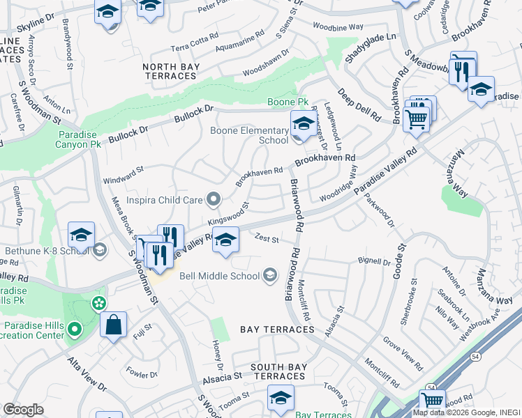 map of restaurants, bars, coffee shops, grocery stores, and more near 7235 Gatewood Lane in San Diego