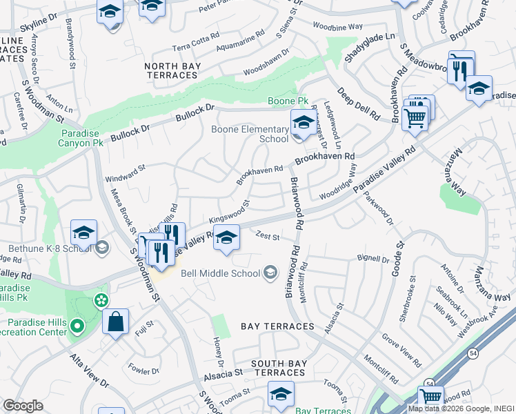 map of restaurants, bars, coffee shops, grocery stores, and more near 7235 Gatewood Lane in San Diego