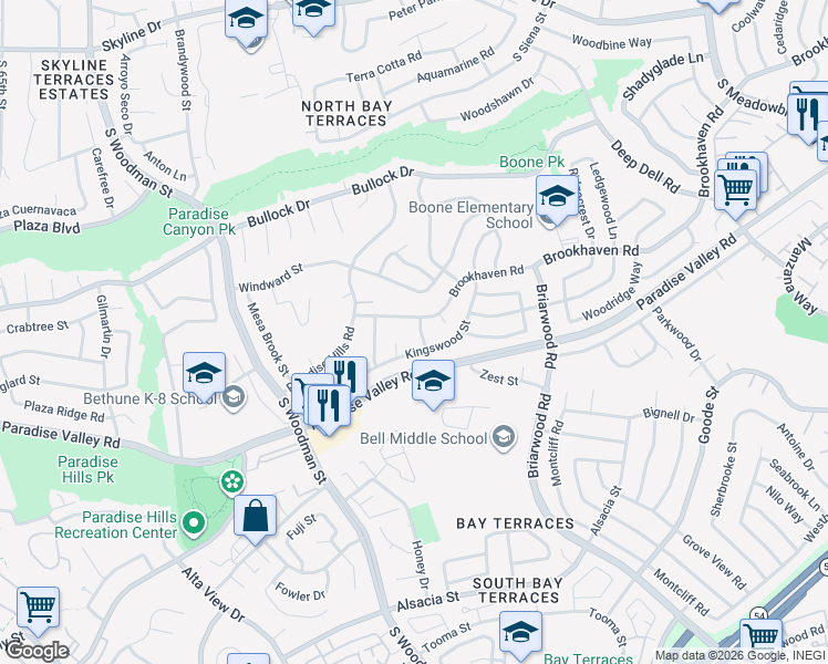 map of restaurants, bars, coffee shops, grocery stores, and more near 7089 Brookhaven Road in San Diego