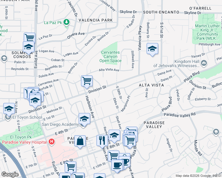 map of restaurants, bars, coffee shops, grocery stores, and more near 1308 South 58th Street in San Diego