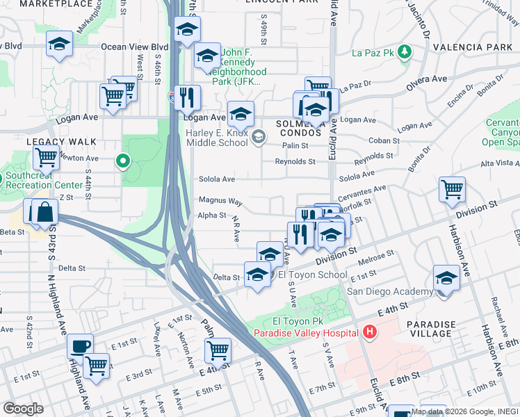 map of restaurants, bars, coffee shops, grocery stores, and more near 4863 Wyconda Lane in San Diego