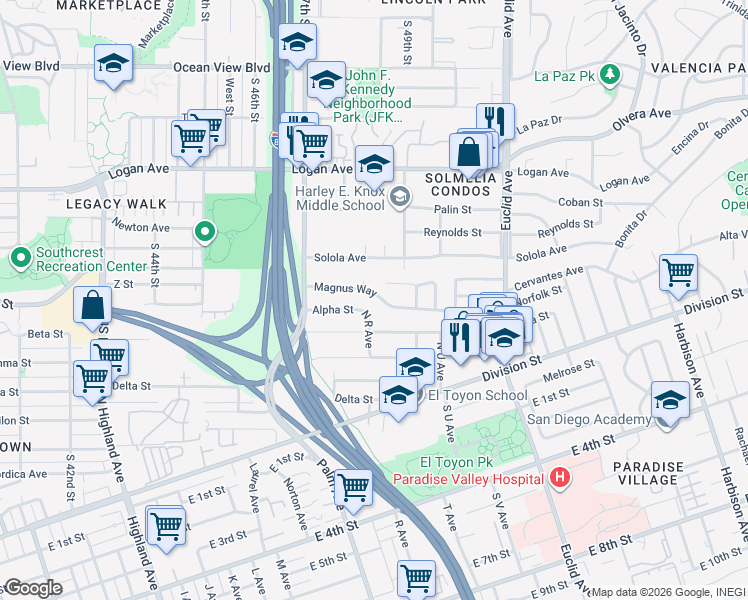map of restaurants, bars, coffee shops, grocery stores, and more near 1366 Privado Place in San Diego