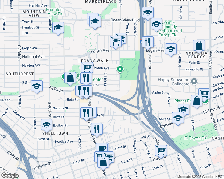 map of restaurants, bars, coffee shops, grocery stores, and more near 4451 Z Street in San Diego