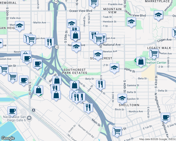 map of restaurants, bars, coffee shops, grocery stores, and more near 3655 Z Street in San Diego