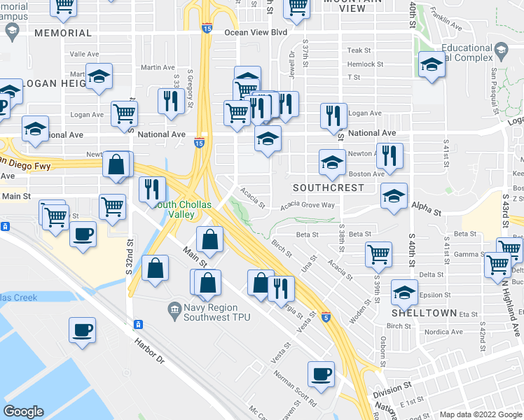 map of restaurants, bars, coffee shops, grocery stores, and more near 3555 Z Street in San Diego