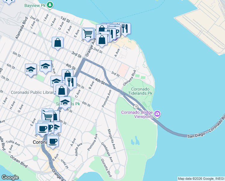 map of restaurants, bars, coffee shops, grocery stores, and more near 1519 Escondido Lane in Coronado