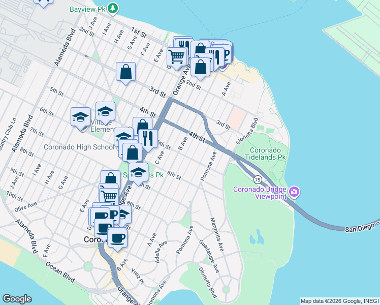 map of restaurants, bars, coffee shops, grocery stores, and more near 445 B Avenue in Coronado