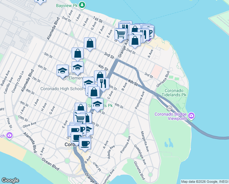 map of restaurants, bars, coffee shops, grocery stores, and more near 1211 5th Street in Coronado