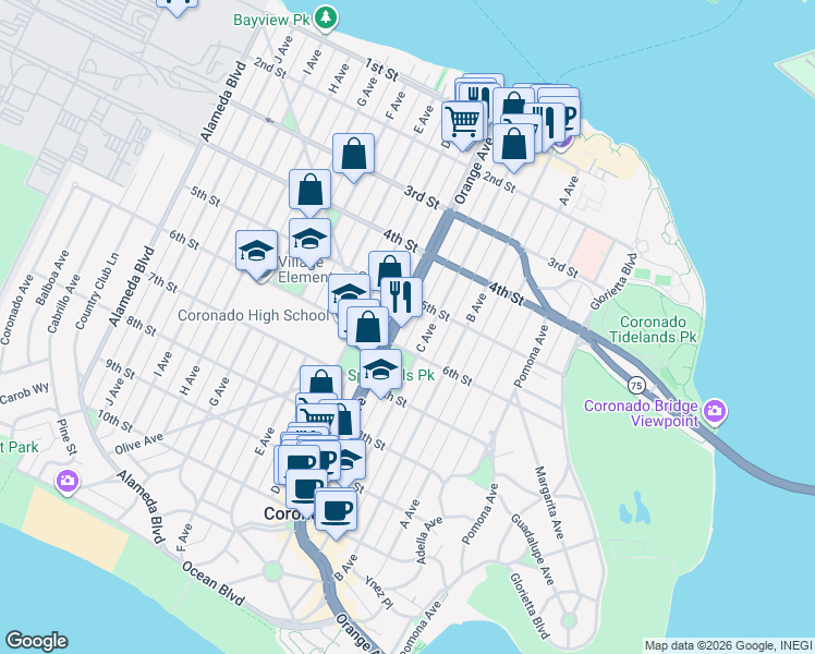 map of restaurants, bars, coffee shops, grocery stores, and more near in Coronado
