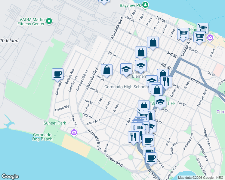map of restaurants, bars, coffee shops, grocery stores, and more near 701 H Avenue in Coronado