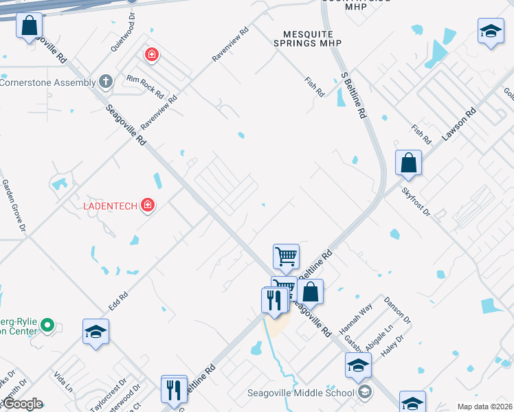 map of restaurants, bars, coffee shops, grocery stores, and more near 14709 Seagoville Road in Dallas