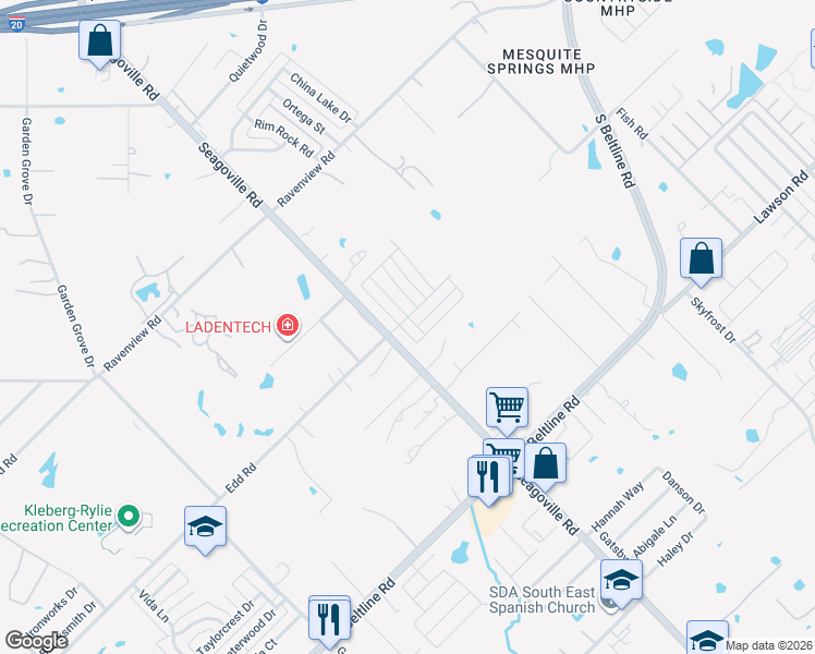 map of restaurants, bars, coffee shops, grocery stores, and more near 14565 Seagoville Road in Dallas