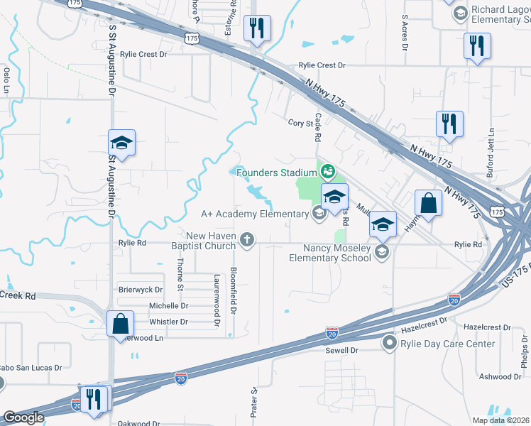 map of restaurants, bars, coffee shops, grocery stores, and more near 1138 Bloomfield Drive in Dallas