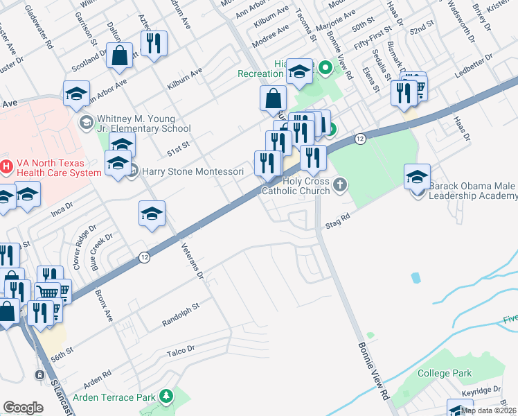 map of restaurants, bars, coffee shops, grocery stores, and more near 2734 East Ledbetter Drive in Dallas