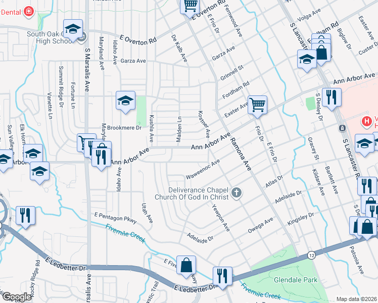 map of restaurants, bars, coffee shops, grocery stores, and more near 1331 Ann Arbor Avenue in Dallas