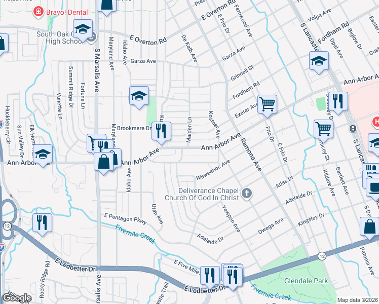 map of restaurants, bars, coffee shops, grocery stores, and more near 1251 Ann Arbor Avenue in Dallas