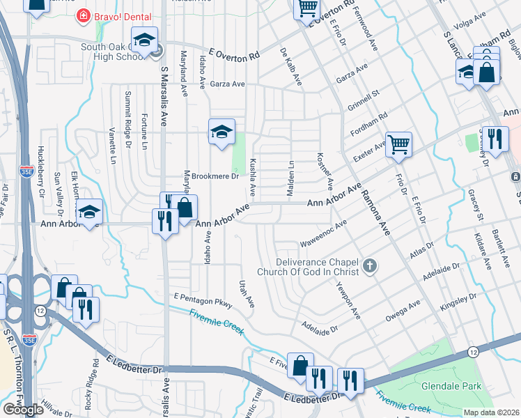 map of restaurants, bars, coffee shops, grocery stores, and more near 1223 Ann Arbor Avenue in Dallas