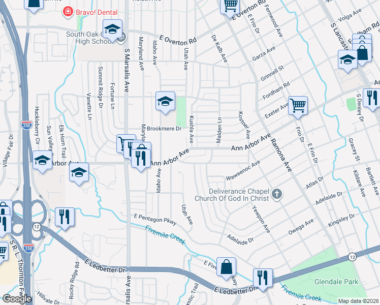 map of restaurants, bars, coffee shops, grocery stores, and more near 1105 Ann Arbor Avenue in Dallas