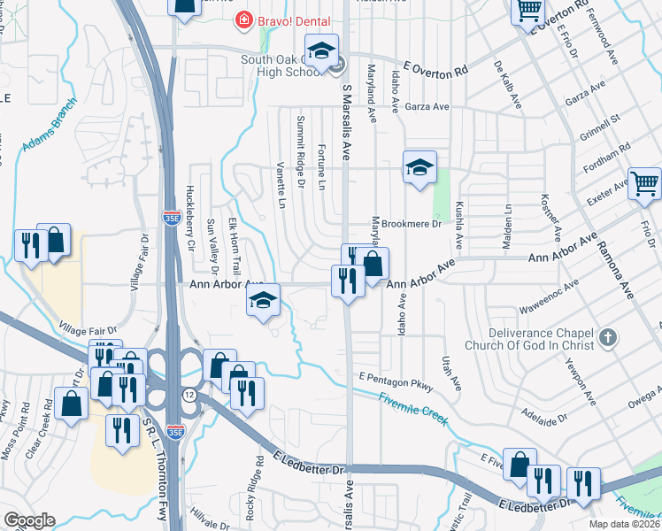 map of restaurants, bars, coffee shops, grocery stores, and more near 4235 Summit Ridge Drive in Dallas
