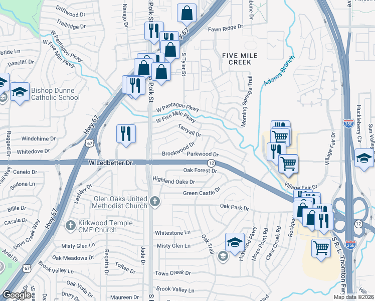 map of restaurants, bars, coffee shops, grocery stores, and more near 829 Brookwood Drive in Dallas