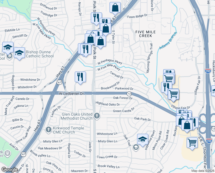 map of restaurants, bars, coffee shops, grocery stores, and more near 932 Channing Circle in Dallas