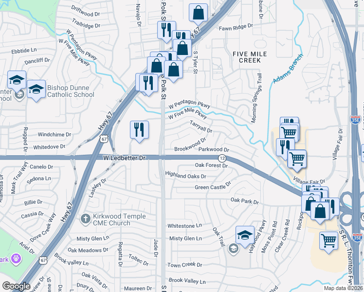 map of restaurants, bars, coffee shops, grocery stores, and more near 932 Channing Circle in Dallas