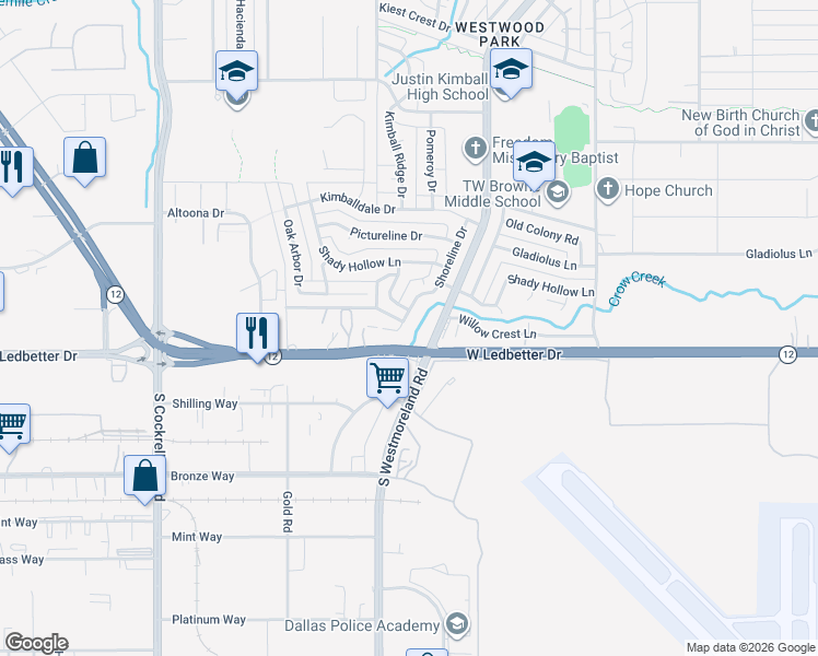 map of restaurants, bars, coffee shops, grocery stores, and more near 4145 Drowsy Lane in Dallas