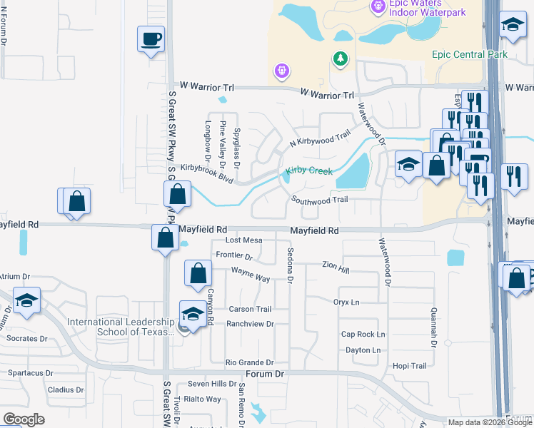 map of restaurants, bars, coffee shops, grocery stores, and more near 2339 Shirebrook Court in Grand Prairie