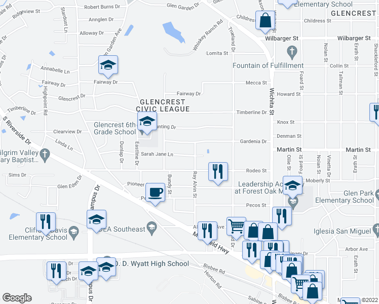 map of restaurants, bars, coffee shops, grocery stores, and more near 2916 Gardenia Drive in Fort Worth