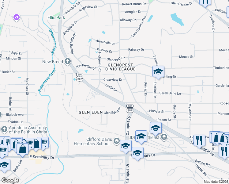 map of restaurants, bars, coffee shops, grocery stores, and more near 2325 Linda Lane in Fort Worth