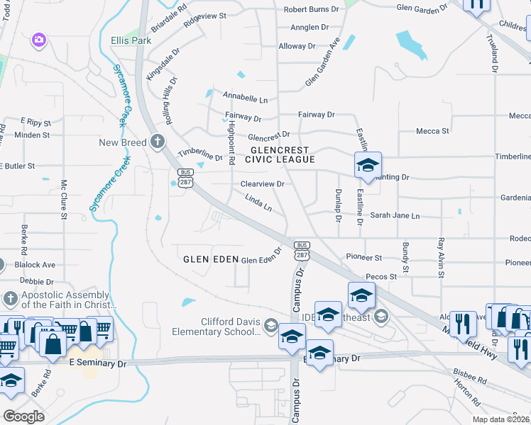 map of restaurants, bars, coffee shops, grocery stores, and more near 2325 Linda Lane in Fort Worth