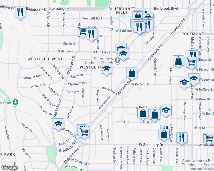 map of restaurants, bars, coffee shops, grocery stores, and more near 3816 Stadium Drive in Fort Worth