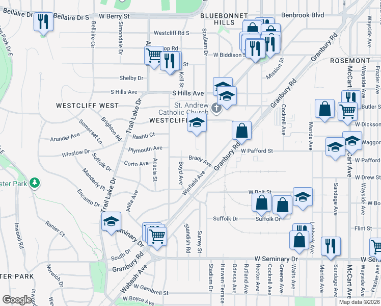 map of restaurants, bars, coffee shops, grocery stores, and more near 3816 Stadium Drive in Fort Worth
