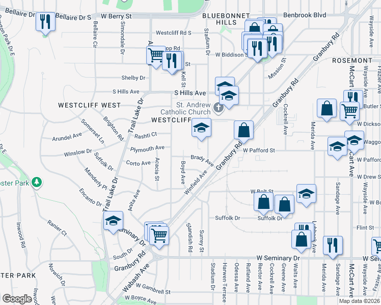 map of restaurants, bars, coffee shops, grocery stores, and more near 3816 Stadium Drive in Fort Worth