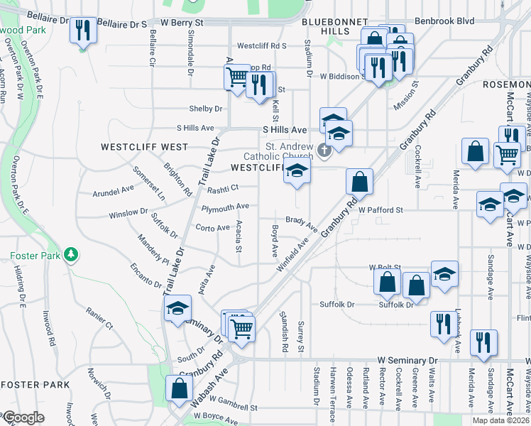 map of restaurants, bars, coffee shops, grocery stores, and more near 3845 Carolyn Road in Fort Worth