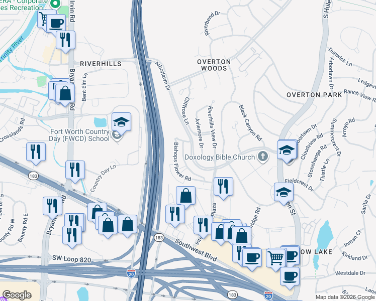 map of restaurants, bars, coffee shops, grocery stores, and more near 3837 Bishops Flower Road in Fort Worth
